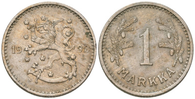 Финляндия 1 марка 1932 S KM 30 медно-никель 4173-561