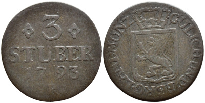Юлих-Берг 3 штюбера 1793 РR, Карл Теодор KM 216 медь 84-854