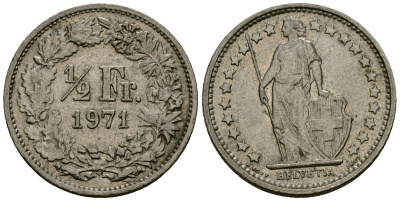 Швейцария 1/2 франка 1971 KM 23a медно-никель 4136-368
