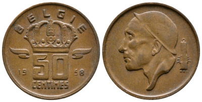 БЕЛЬГИЯ 50 САНТИМОВ 1958 BELGIE КМ 149.1 бронза 176-652