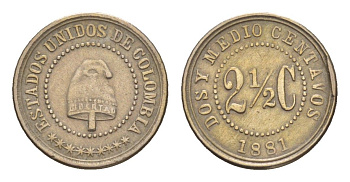 Колумбия 2 1/2 сентаво 1881 диаметр 13,3 мм, год-тип KM 179 медно-никель 4655-615