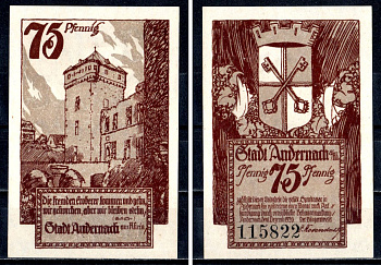 Андернах (Пруссия, Рейн) 75 пфеннигов 1920 Mehl Grabowski 32.2a.2 бумага UNC (пресс) 7556-44-1-2