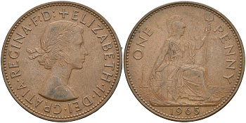 Великобритания 1 пенни 1965 Елизавета II (1952-2022) КМ 897, Spink 4157 бронза    4110-412