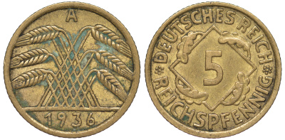 Германия 5 рейхспфеннигов 1936 A KM 39, J. 316 алюминиевая бронза 4602-1248