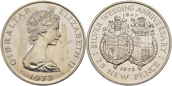 Гибралтар 25 пенсов 1972 серебряная свадьба Елизаветы II и Филиппа (1947-1972) KM 6 медно-никель UNC 118-733
