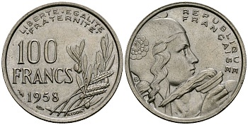 Франция 100 франков 1958 метка: крыло KM 919 медно-никель 4556-227
