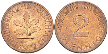 ФРГ 2 пфеннига 1977 D KM 106a, J. 381a сталь плакированная медью 4181-825