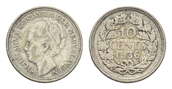 Нидерланды 10 центов 1936 Вильгельмина I (1890-1948) KM 163 серебро 4659-1155