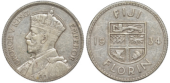 Фиджи 1 флорин 1934 Георг V (1910-1936), герб Фиджи KM 5 серебро    91-1113