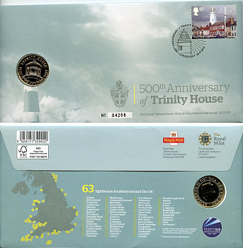 Великобритания 2 фунта 2014 500 лет Тринити-хаус (Trinity House), в оригинальном конверте, с марками, первый день гашения KM 1313, Spink K33 биметалл BU 4-3-8-63