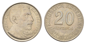 Аргентина 20 сентаво 1950 100 лет со дня смерти Хосе де Сан-Мартина KM 45 медно-никель UNC 4664-154