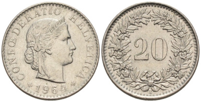 Швейцария 20 раппенов 1964 B KM 29а медно-никель 4576-959