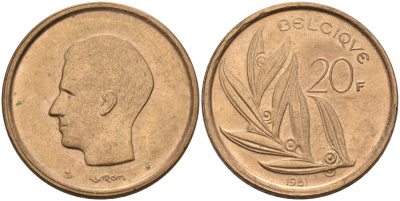 Бельгия 20 франков 1981 Belgique, Бодуэн I (1951-1993) KM 159 никель бронза UNC 4561-222