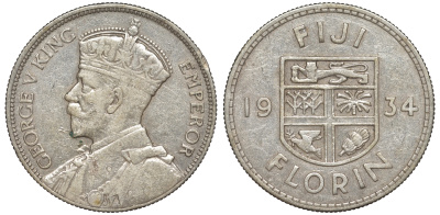 Фиджи 1 флорин 1934 Георг V (1910-1936), герб Фиджи KM 5 серебро    91-1113