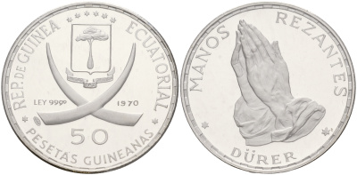 Экваториальная Гвинея 50 песет 1970 Дюрер, руки в молитве, в запайке KM 7 серебро PROOF 3831-322