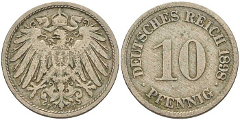 ГЕРМАНИЯ 10 ПФЕННИГОВ 1898 F KM 12, J. 13 медно-никель 4401-1043