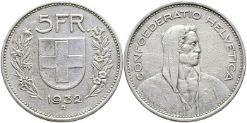 Швейцария 5 франков 1932 KM 40 серебро 00-00