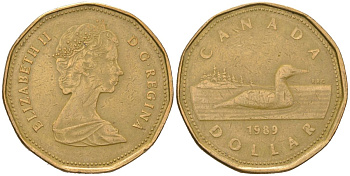 Канада 1 доллар 1989 Елизавета II (1952-2022), утка KM 157 никель плакированный позолоченной бронзой 4616-815