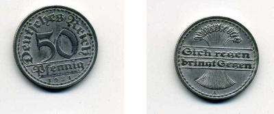 ГЕРМАНИЯ 50 ПФЕННИГОВ 1921 A KM 27, J. 301 алюминий 35-1224