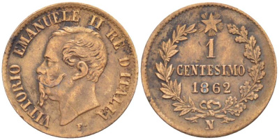 ИТАЛИЯ 1 ЧЕНТЕЗИМО 1862/1 N, МОНДВОР НЕАПОЛЬ, ВИКТОР ЭММАНУИЛ II (1861-1878) KM 1.2 медь VF 4516-1028