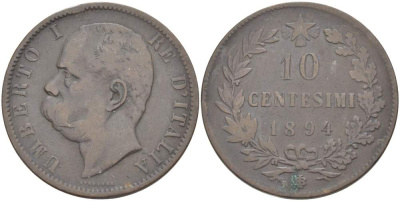 Италия 10 чентезимо 1894 B/I, Умберто I (1878-1900) KM 27.1 медь 4526-1025