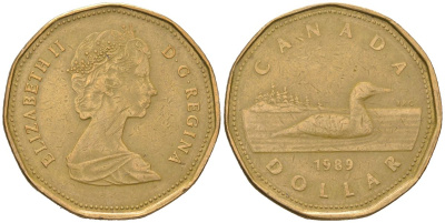 Канада 1 доллар 1989 Елизавета II (1952-2022), утка KM 157 никель плакированный позолоченной бронзой 4616-815