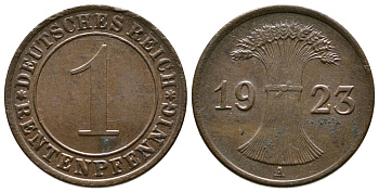 ГЕРМАНИЯ 1 РЕНТЕНПФЕННИГ 1923 А KM 30, J. 306 бронза 4380-1047