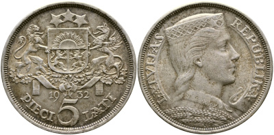 ЛАТВИЯ 5 ЛАТОВ 1932 KM 9 серебро 58-615