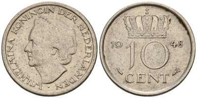 Нидерланды 10 центов 1948 Вильгельмина I (1890-1948) KM 177 никель    4598-267