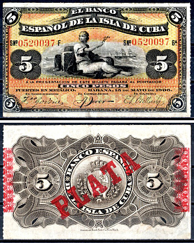 Куба 5 песо 1896 Испанская Администрация, надпечатка PLATA Pick 48 b бумага 402-68-3-1