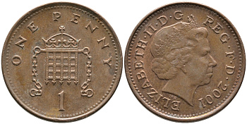 Великобритания 1 пенни 2001 Елизавета II (1952-2022) KM 986, Spink 4710 (B5) сталь плакированная медью 65-921