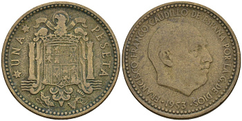 Испания 1 песета 1953 (?) Франсиско Франко (1939-1975) KM 775 алюминиевая бронза 3336-142