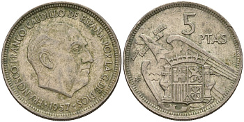 Испания 5 песет 1957 (58) Франсиско Франко (1939 - 1975) KM 786 медно-никель 4155-521