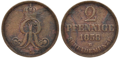 Брауншвейг-Каленберг-Ганновер 2 пфеннига 1858 B, Георг V (1851-1866) KM 234,aKS 153, J. 91 медь 4142-322