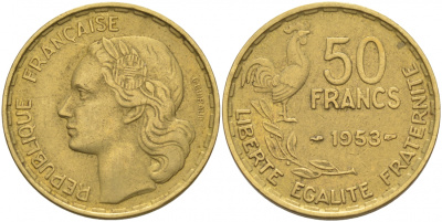 ФРАНЦИЯ 50 ФРАНКОВ 1953 KM 918.1 алюминиевая бронза 3855-734