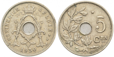 БЕЛЬГИЯ 5 САНТИМОВ 1930 BELGIE KM 94 никель латунь 4549-1055