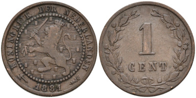 Нидерланды 1 цент 1881 Виллем III (1849-1890) KM 107 бронза 4576-559