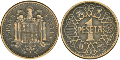 Испания 1 песета 1944 Национальное правительство (1939 - 1947) KM 767 алюминиевая бронза 4171-1035