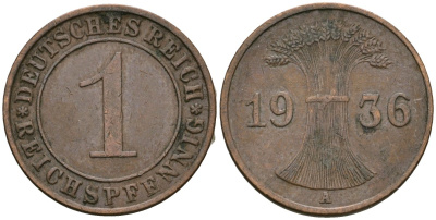 Германия 1 рейхспфенниг 1936 A KM 37, J. 313 бронза 4528-1054
