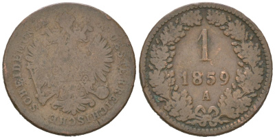 Австрия 1 крейцер 1859 A, Франц Иосиф I (1848-1916) KM 2186 медь 4617-361