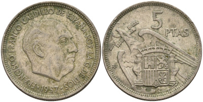 Испания 5 песет 1957 (58) Франсиско Франко (1939 - 1975) KM 786 медно-никель 4155-521