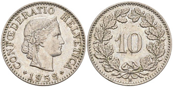 Швейцария 10 раппенов 1958 B KM 27 медно-никель     55-254