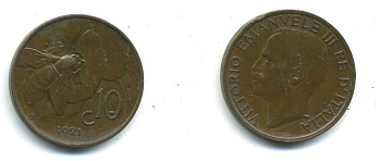 ИТАЛИЯ 10 ЧЕНТЕСИМО 1921 R ПЧЕЛА KM 60 медь 35-1243
