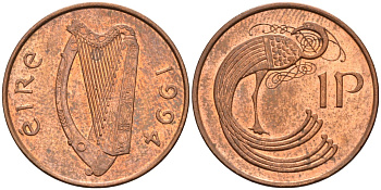 Ирландия 1 пенни 1994 мифологическая птица лира KM 20а сталь плакированная медью BUNC 4582-145