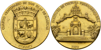 Пуэрто-Рико медаль 1979 Институт Культуры Пуэрто-Рико, 400 лет католической церкви San Blas de Illescas на площади Коамо, медальер BATISLA бронза 1072-2-22