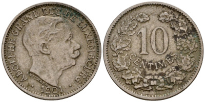 Люксембург 10 сантимов 1901 Адольф (1890-1905) KM 25 медно-никель 4602-424