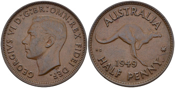 Австралия 1/2 пенни 1949 p, Георг VI (1936-1952), КЕНГУРУ KM 42 бронза 67-1233
