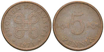 Финляндия 5 пенни 1971 KM 45 медь 4617-1137