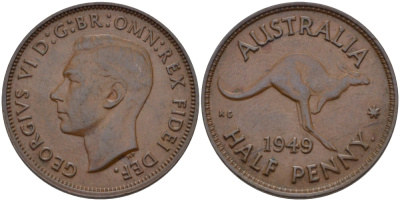 Австралия 1/2 пенни 1949 p, Георг VI (1936-1952), КЕНГУРУ KM 42 бронза 67-1233
