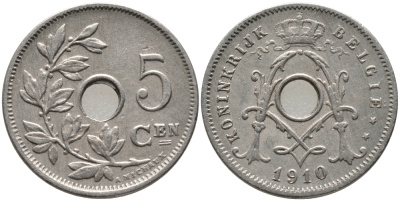 БЕЛЬГИЯ 5 САНТИМОВ 1910 BELGIE KM 67 медно-никель 72-1149